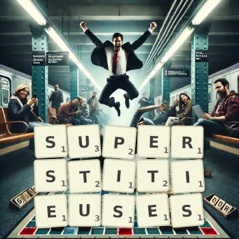 Illustration créative d'un jeu de lettres avec le mot SUPERSTITIEUSES épelé sur le plateau.