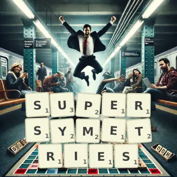 Illustration créative d'un jeu de lettres avec le mot SUPERSYMETRIES épelé sur le plateau.