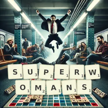 Illustration créative d'un jeu de lettres avec le mot SUPERWOMANS épelé sur le plateau.