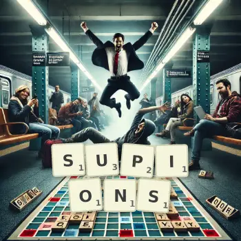 Illustration créative d'un jeu de lettres avec le mot SUPIONS épelé sur le plateau.