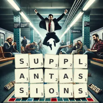 Illustration créative d'un jeu de lettres avec le mot SUPPLANTASSIONS épelé sur le plateau.