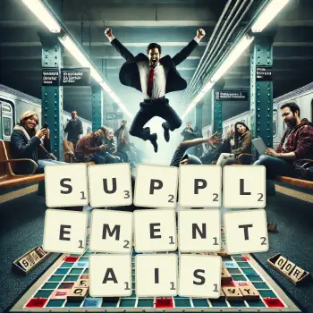 Illustration créative d'un jeu de lettres avec le mot SUPPLEMENTAIS épelé sur le plateau.