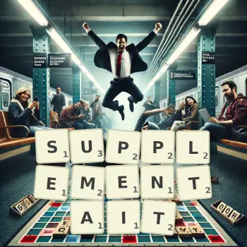Illustration créative d'un jeu de lettres avec le mot SUPPLEMENTAIT épelé sur le plateau.