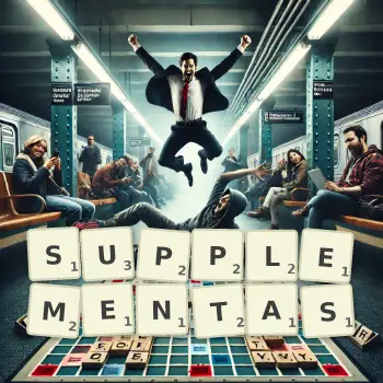 Illustration créative d'un jeu de lettres avec le mot SUPPLEMENTAS épelé sur le plateau.