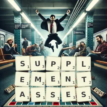 Illustration créative d'un jeu de lettres avec le mot SUPPLEMENTASSES épelé sur le plateau.