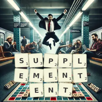 Illustration créative d'un jeu de lettres avec le mot SUPPLEMENTENT épelé sur le plateau.