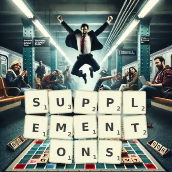 Illustration créative d'un jeu de lettres avec le mot SUPPLEMENTONS épelé sur le plateau.