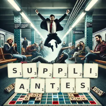 Illustration créative d'un jeu de lettres avec le mot SUPPLIANTES épelé sur le plateau.