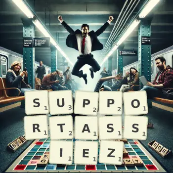 Illustration créative d'un jeu de lettres avec le mot SUPPORTASSIEZ épelé sur le plateau.