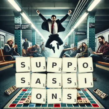 Illustration créative d'un jeu de lettres avec le mot SUPPOSASSIONS épelé sur le plateau.