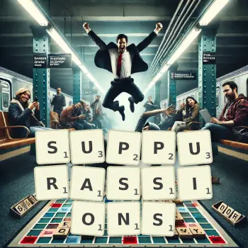 Illustration créative d'un jeu de lettres avec le mot SUPPURASSIONS épelé sur le plateau.