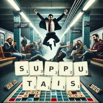Illustration créative d'un jeu de lettres avec le mot SUPPUTAIS épelé sur le plateau.