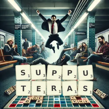 Illustration créative d'un jeu de lettres avec le mot SUPPUTERAS épelé sur le plateau.