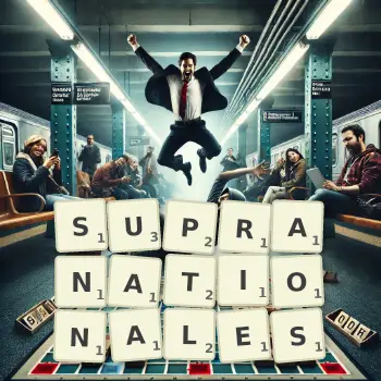 Illustration créative d'un jeu de lettres avec le mot SUPRANATIONALES épelé sur le plateau.