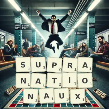 Illustration créative d'un jeu de lettres avec le mot SUPRANATIONAUX épelé sur le plateau.