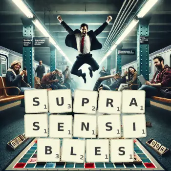 Illustration créative d'un jeu de lettres avec le mot SUPRASENSIBLES épelé sur le plateau.