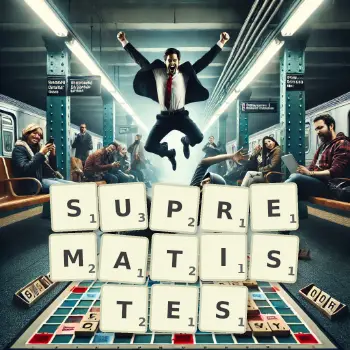 Illustration créative d'un jeu de lettres avec le mot SUPREMATISTES épelé sur le plateau.