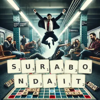 Illustration créative d'un jeu de lettres avec le mot SURABONDAIT épelé sur le plateau.