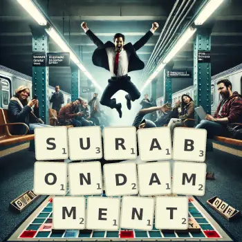 Illustration créative d'un jeu de lettres avec le mot SURABONDAMMENT épelé sur le plateau.