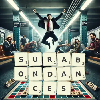 Illustration créative d'un jeu de lettres avec le mot SURABONDANCES épelé sur le plateau.