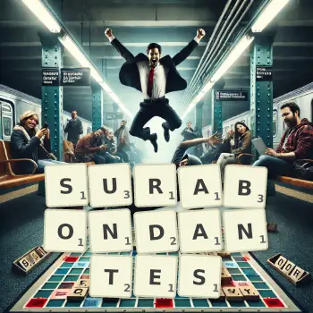 Illustration créative d'un jeu de lettres avec le mot SURABONDANTES épelé sur le plateau.