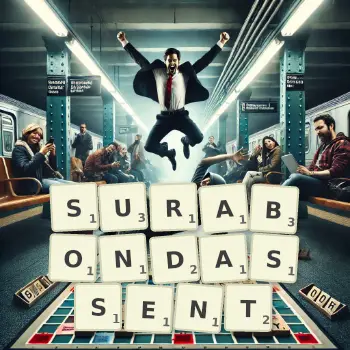 Illustration créative d'un jeu de lettres avec le mot SURABONDASSENT épelé sur le plateau.