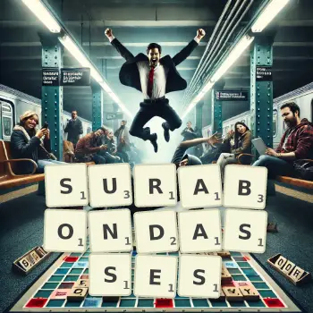 Illustration créative d'un jeu de lettres avec le mot SURABONDASSES épelé sur le plateau.