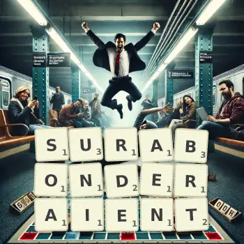 Illustration créative d'un jeu de lettres avec le mot SURABONDERAIENT épelé sur le plateau.