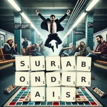 Illustration créative d'un jeu de lettres avec le mot SURABONDERAIS épelé sur le plateau.