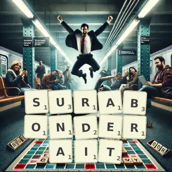 Illustration créative d'un jeu de lettres avec le mot SURABONDERAIT épelé sur le plateau.