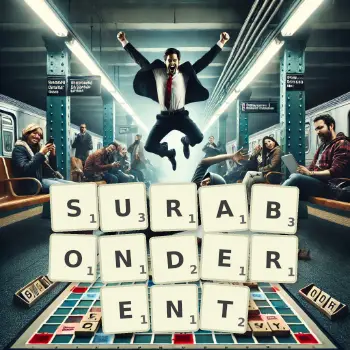 Illustration créative d'un jeu de lettres avec le mot SURABONDERENT épelé sur le plateau.