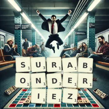 Illustration créative d'un jeu de lettres avec le mot SURABONDERIEZ épelé sur le plateau.