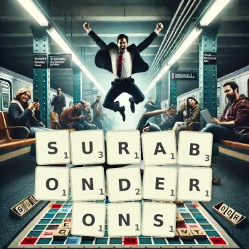 Illustration créative d'un jeu de lettres avec le mot SURABONDERONS épelé sur le plateau.