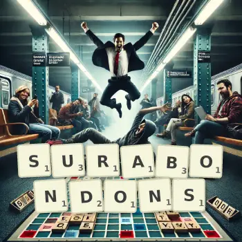 Illustration créative d'un jeu de lettres avec le mot SURABONDONS épelé sur le plateau.