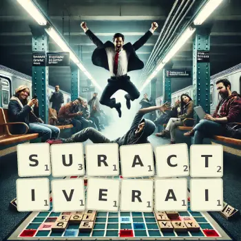 Illustration créative d'un jeu de lettres avec le mot SURACTIVERAI épelé sur le plateau.