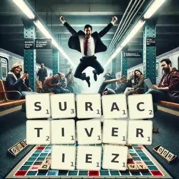 Illustration créative d'un jeu de lettres avec le mot SURACTIVERIEZ épelé sur le plateau.