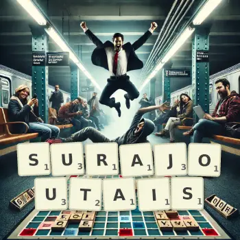 Illustration créative d'un jeu de lettres avec le mot SURAJOUTAIS épelé sur le plateau.