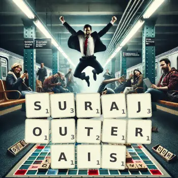 Illustration créative d'un jeu de lettres avec le mot SURAJOUTERAIS épelé sur le plateau.
