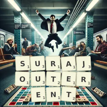 Illustration créative d'un jeu de lettres avec le mot SURAJOUTERENT épelé sur le plateau.