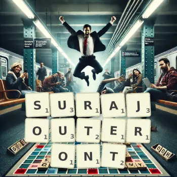 Illustration créative d'un jeu de lettres avec le mot SURAJOUTERONT épelé sur le plateau.