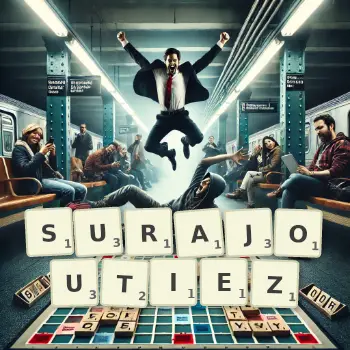 Illustration créative d'un jeu de lettres avec le mot SURAJOUTIEZ épelé sur le plateau.