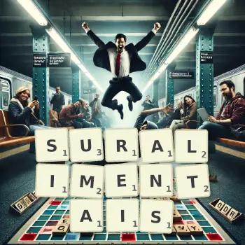 Illustration créative d'un jeu de lettres avec le mot SURALIMENTAIS épelé sur le plateau.