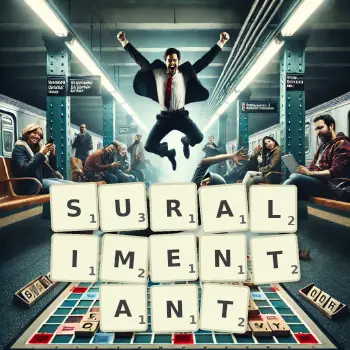 Illustration créative d'un jeu de lettres avec le mot SURALIMENTANT épelé sur le plateau.