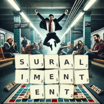 Illustration créative d'un jeu de lettres avec le mot SURALIMENTENT épelé sur le plateau.