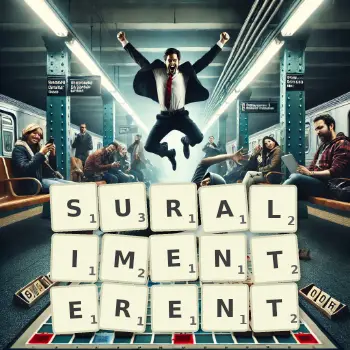 Illustration créative d'un jeu de lettres avec le mot SURALIMENTERENT épelé sur le plateau.