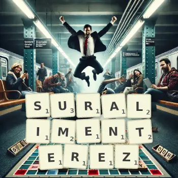 Illustration créative d'un jeu de lettres avec le mot SURALIMENTEREZ épelé sur le plateau.