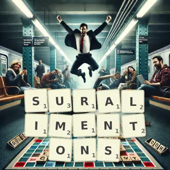 Illustration créative d'un jeu de lettres avec le mot SURALIMENTONS épelé sur le plateau.