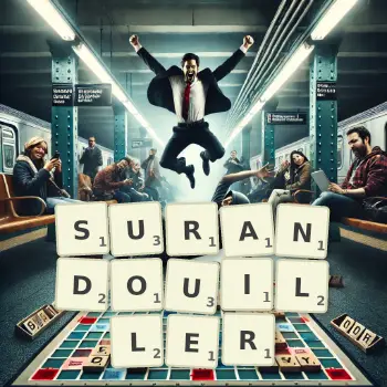 Illustration créative d'un jeu de lettres avec le mot SURANDOUILLER épelé sur le plateau.