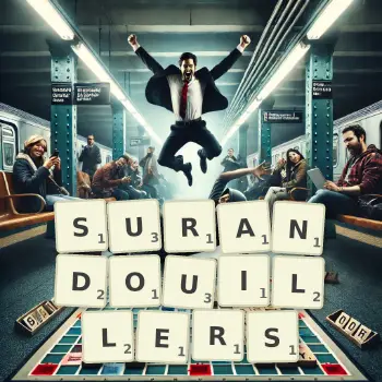 Illustration créative d'un jeu de lettres avec le mot SURANDOUILLERS épelé sur le plateau.