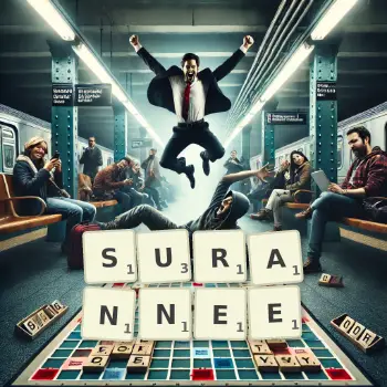 Illustration créative d'un jeu de lettres avec le mot SURANNEE épelé sur le plateau.
